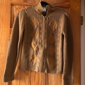Jillian Jones Brown 100 Lambs Wool Zipper Sweater Leather Diamond Detail LARGE